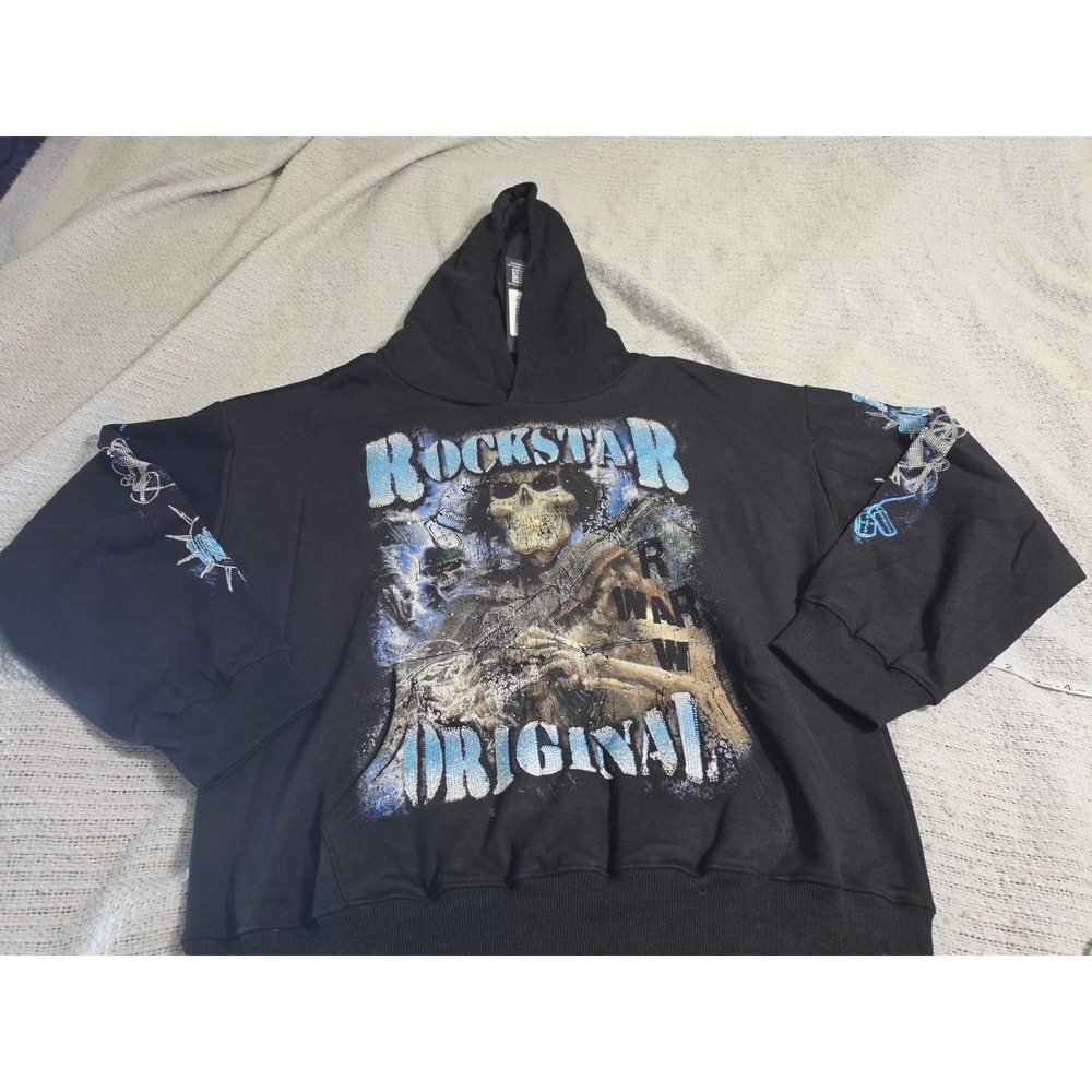 Rockstar Original Mens Hoodie Black Skull Rhinestone Graphic Pullover Large NWT